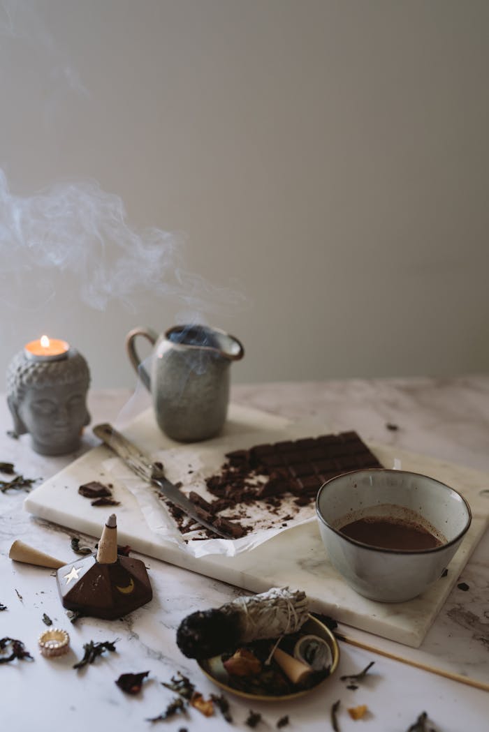 creative Atmospheric setup with chocolate, incense, and ceramic cups evokes relaxation and mindfulness.